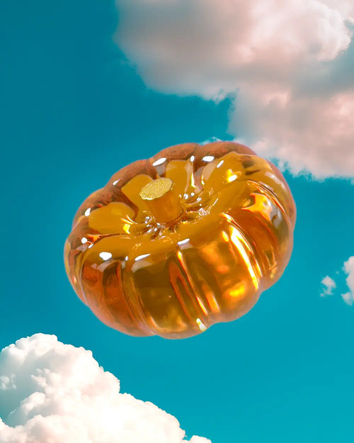 Amber orange resin specimen art object by momu. Handcrafted archival fragment with a warm, glowing amber tone.