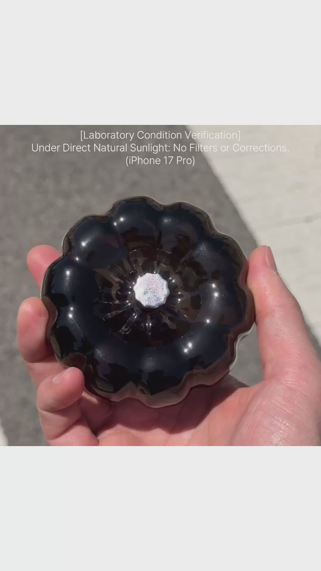 Glossy black resin specimen by momu. Mysterious dark archival fragment with a sleek, reflective finish.